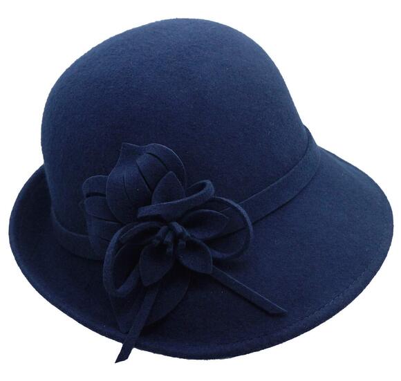 9740 Elegant Flower Wool Cloche Bucket Bowler Hat,Navy main image 4